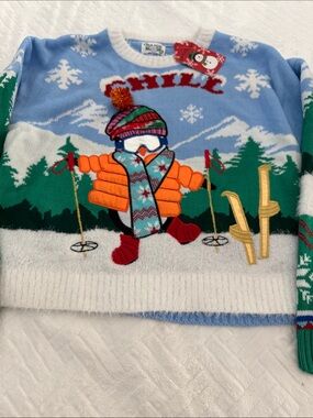 Blue & White Penguin Ski Holiday Sweater NWT size L Christmas